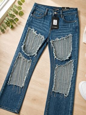 Fashion Nova Blue Distressed Jeans with Rhinestone Chain Fringe
